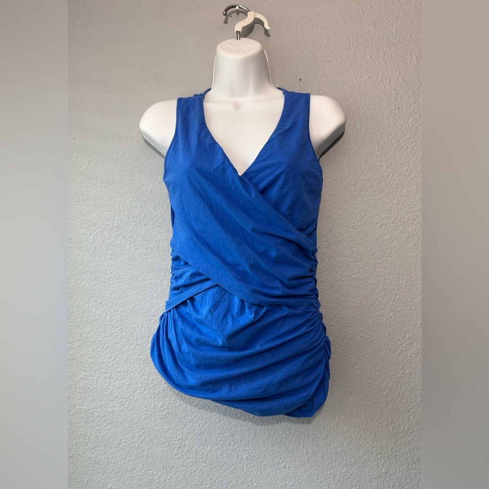 Sundance Faux Wrap Shirt Top Royal Blue Classic Ruched Sides V Neck Small